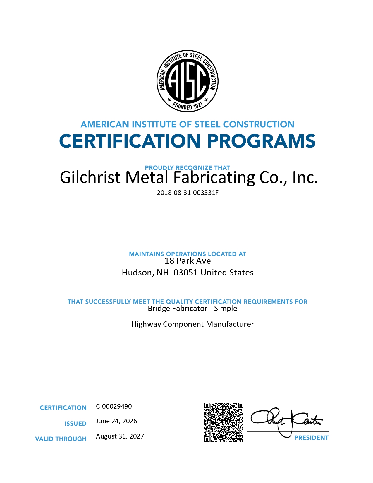 2026 - 2027 Certification from American Institute of Steel Construction

